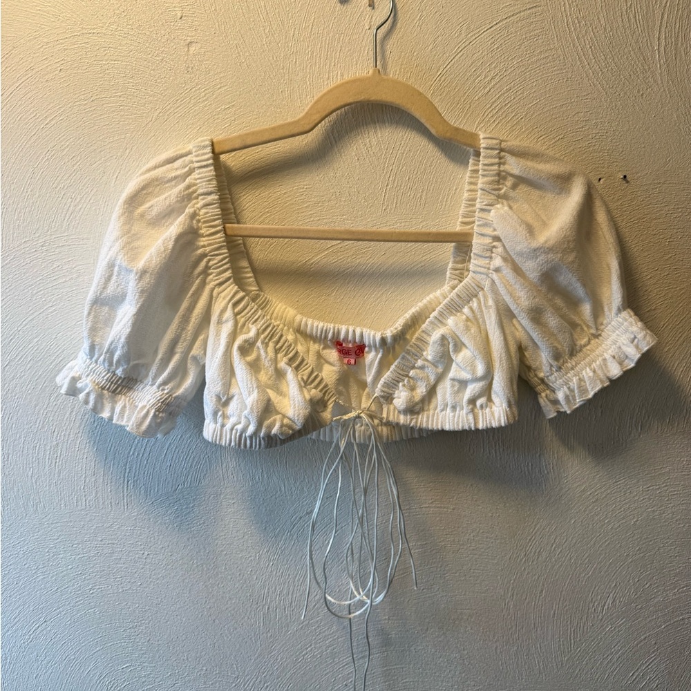 White Puff Sleeve Tie Front Crop Top Size 6 Coquette Milkmaid Boho Cotton - Picture 2 of 5